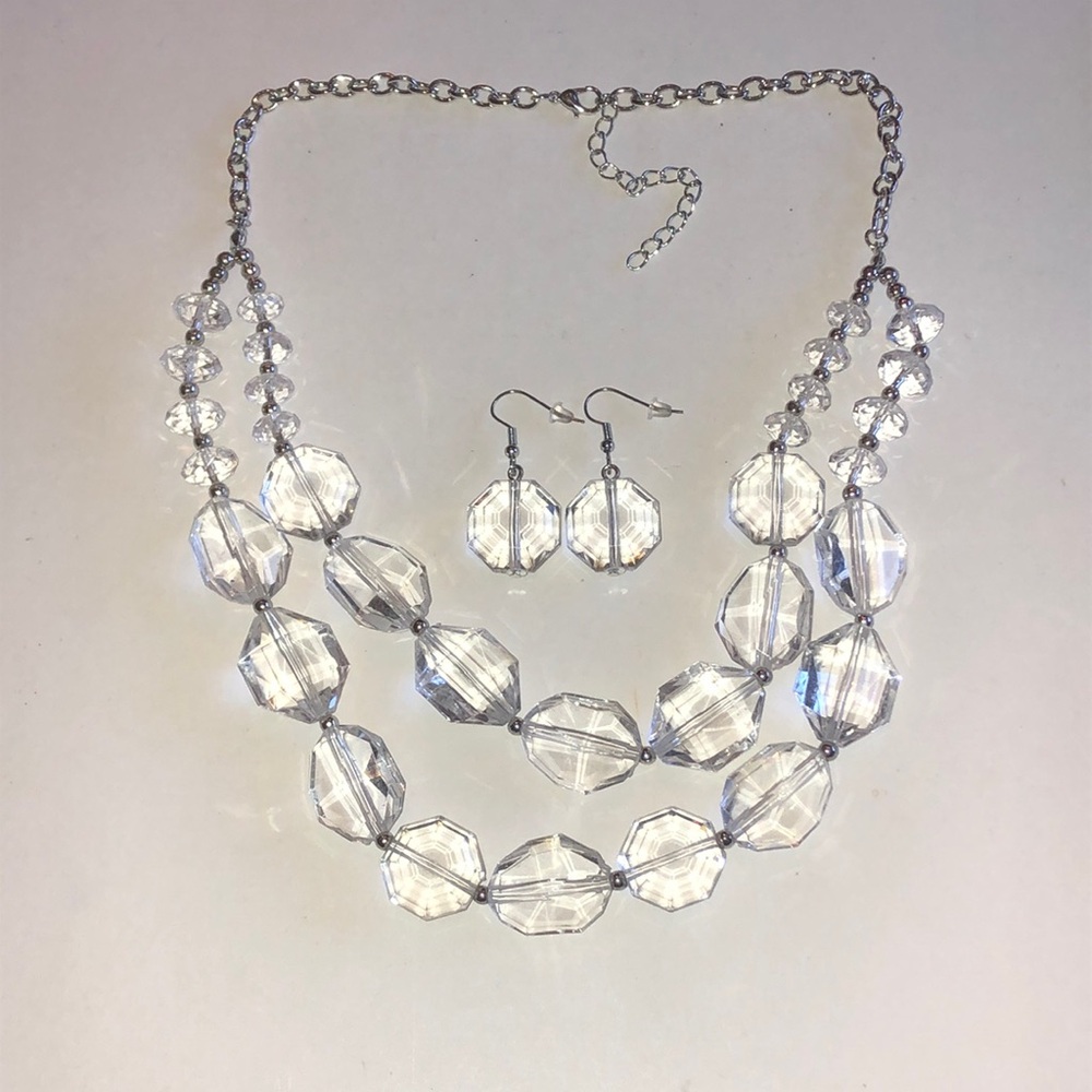 Silver Tone and Clear Beaded Boho Necklace & Earring Set